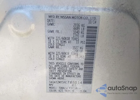 2015 Nissan Rogue Sl из США, поврежденный, VIN 5N1AT2MT5FC788014